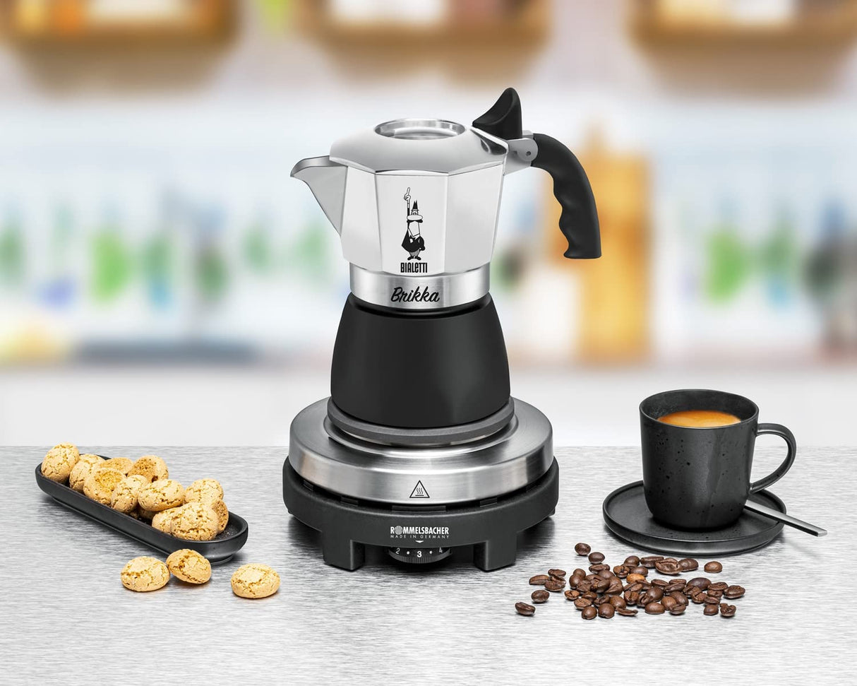 Rommelsbacher Set de regalo RK 505/K, mini placa de cocción de 80 mm de diámetro, regulable sin niveles, jarra original Bialetti Moka, 90 ml, sistema de preparación para la formación de crema, color