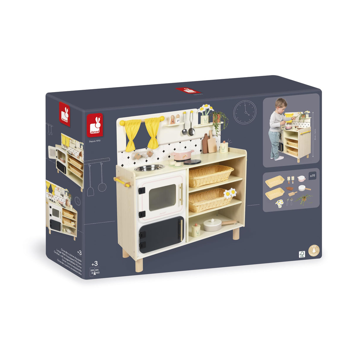 Janod - Gran Cocina Infantil de Madera - Equipada con 2 Hornos, Fregadero y 16 Accesorios Incluidos - Botones Sonoros Giratorios - Juguete de Imitación y Aprendizaje Temprano - A Partir de 2 años