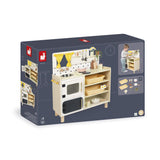 Janod - Gran Cocina Infantil de Madera - Equipada con 2 Hornos, Fregadero y 16 Accesorios Incluidos - Botones Sonoros Giratorios - Juguete de Imitación y Aprendizaje Temprano - A Partir de 2 años