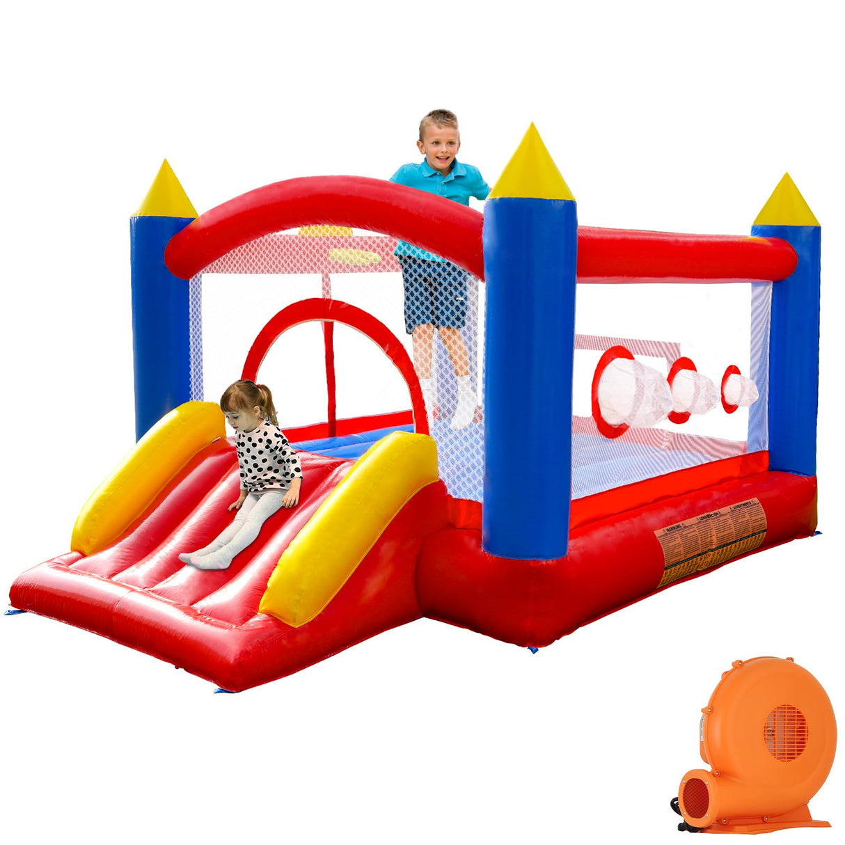 Ballsea Castillo Hinchable de PVC con soplador, trampolín, tobogán y Red de Seguridad. Este Castillo Hinchable está Hecho de PVC y es Adecuado para el hogar, el Exterior, la guardería o el Comercio