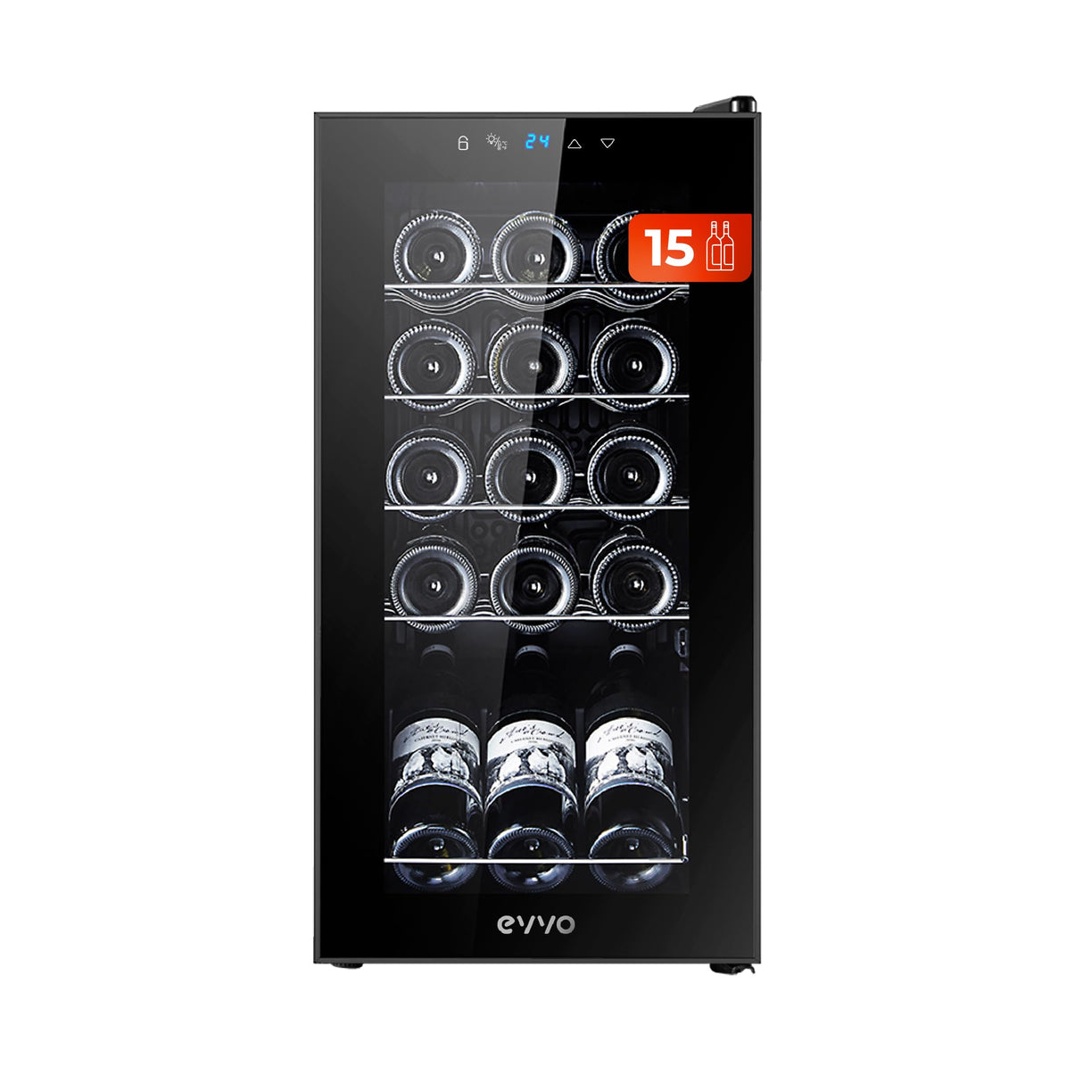 EVVO Vinoteca 15 Botellas, Botellero Vertical, Display Temperatura Interior, Tecnología de Enfiramiento Termoeléctrico, Temperatura Ajustable 5-18ºC, Muy Silenciosa 39 dB, Pantalla Táctil Modelo: VT15