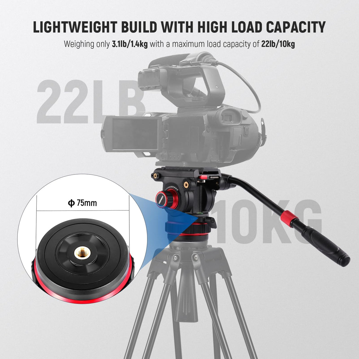 NEEWER Cabezal Fluido para Trípode de Video Resistente con Amortiguación, Placa de Liberación Rápida, Compatible con dji RS Gimbals, Mango Ajustable, Base de ⌀75mm, Carga Máxima 10kg, GM006