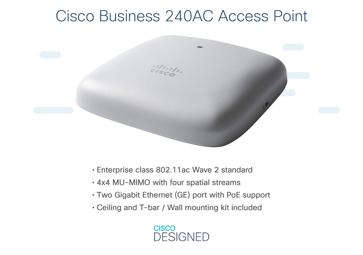 Cisco Punto de acceso Cisco Business 240AC 802.11ac 4x4 (Wave 2), 2 puertos GbE; montaje en techo, paquete de 3 unidades, protección limitada de por vida (3-CBW240AC-E)