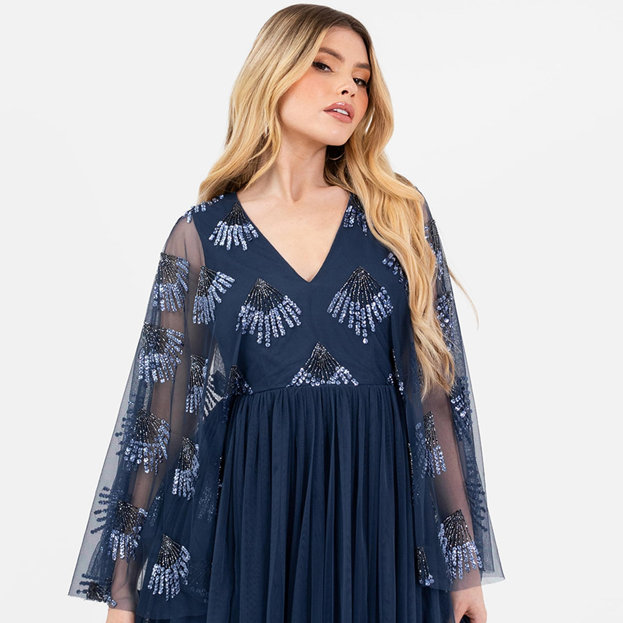 Maya Deluxe Women's Midaxi Dress Ladies V-Neck Long Wide Angel Sleeves Sequin Embellished Empire A-Line Tulle Evening Prom Ball Gown, French Navy, 54
