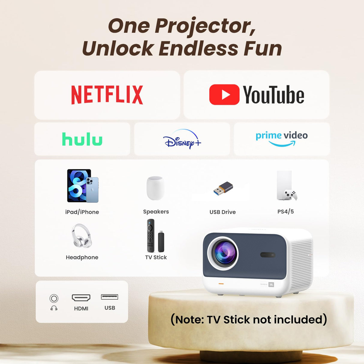 YABER Proyector Portátil 4K Full HD 1080P Nativo con Sonido JBL & Enfoque Automático 1s, WiFi 6 Bluetooth, para Cine en Casa/Exterior Compatible con Móvil/iOS/Android/TV Stick/PS5/HDMI