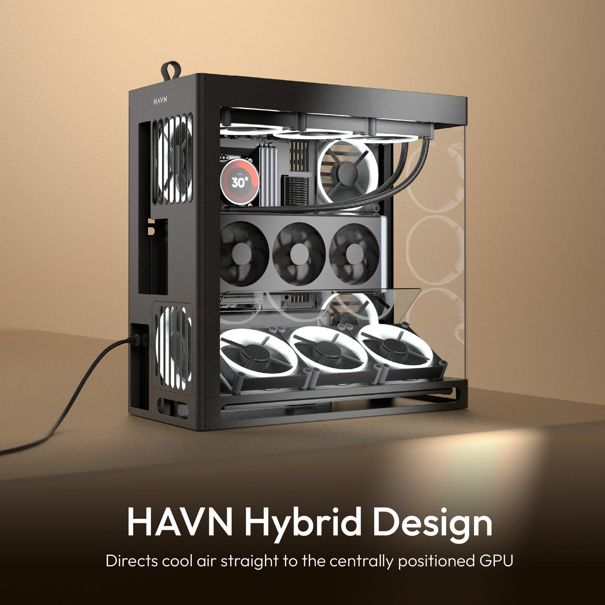 HAVN HS 420 VGPU Dual Chamber ATX Mid Tower PC Case Black | PCIe 5.0 Vertical GPU Kit, 11x 140mm Fans & 3X 420mm Radiator Support, SimpliCable Management, Vidrio Templado, PWM Fan Hub