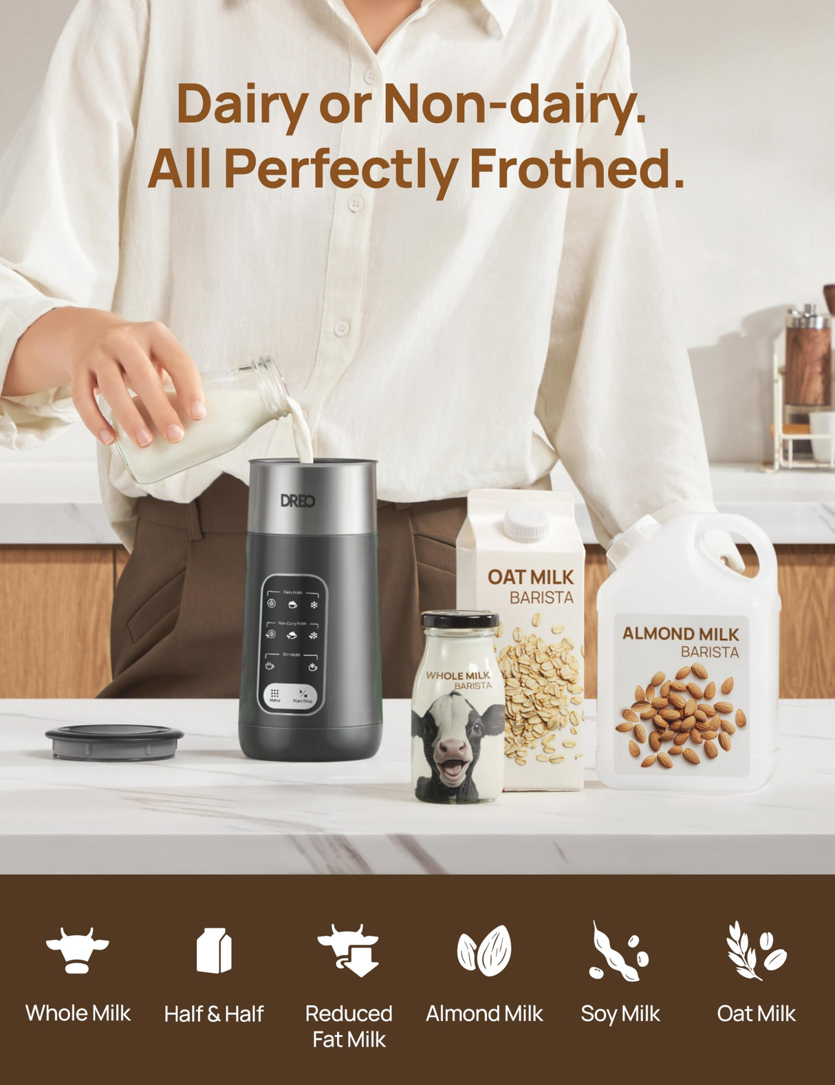 Dreo Espumador de leche, espumador eléctrico 8 en 1 para café latte art, 270 ml, espuma caliente y fría, espumadores automáticos para leche láctea y no láctea, LED, fácil de limpiar, aire BaristaMaker