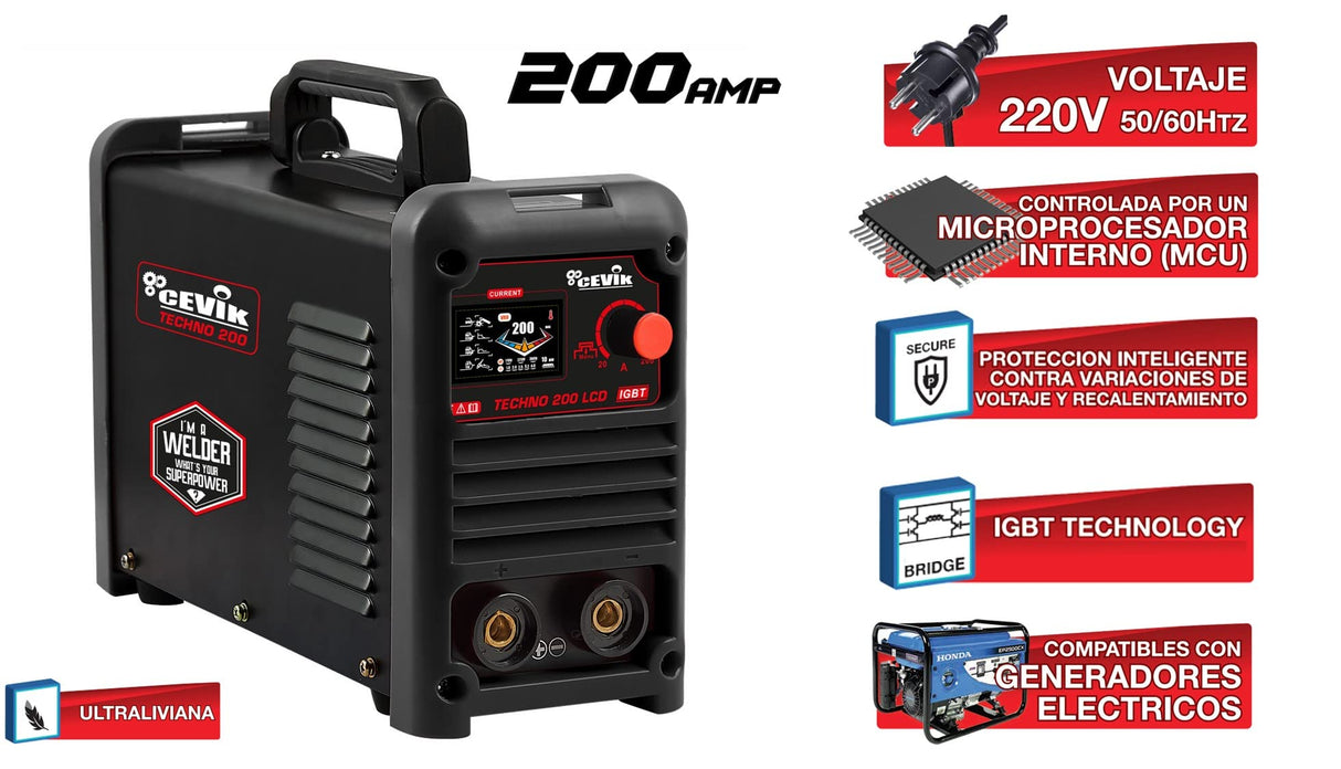 Cevik PRO CE-TECHNO200LCD Soldador Inverter 200A Pantalla LCD para Electrodos MMA Incluye Kit Soldadura
