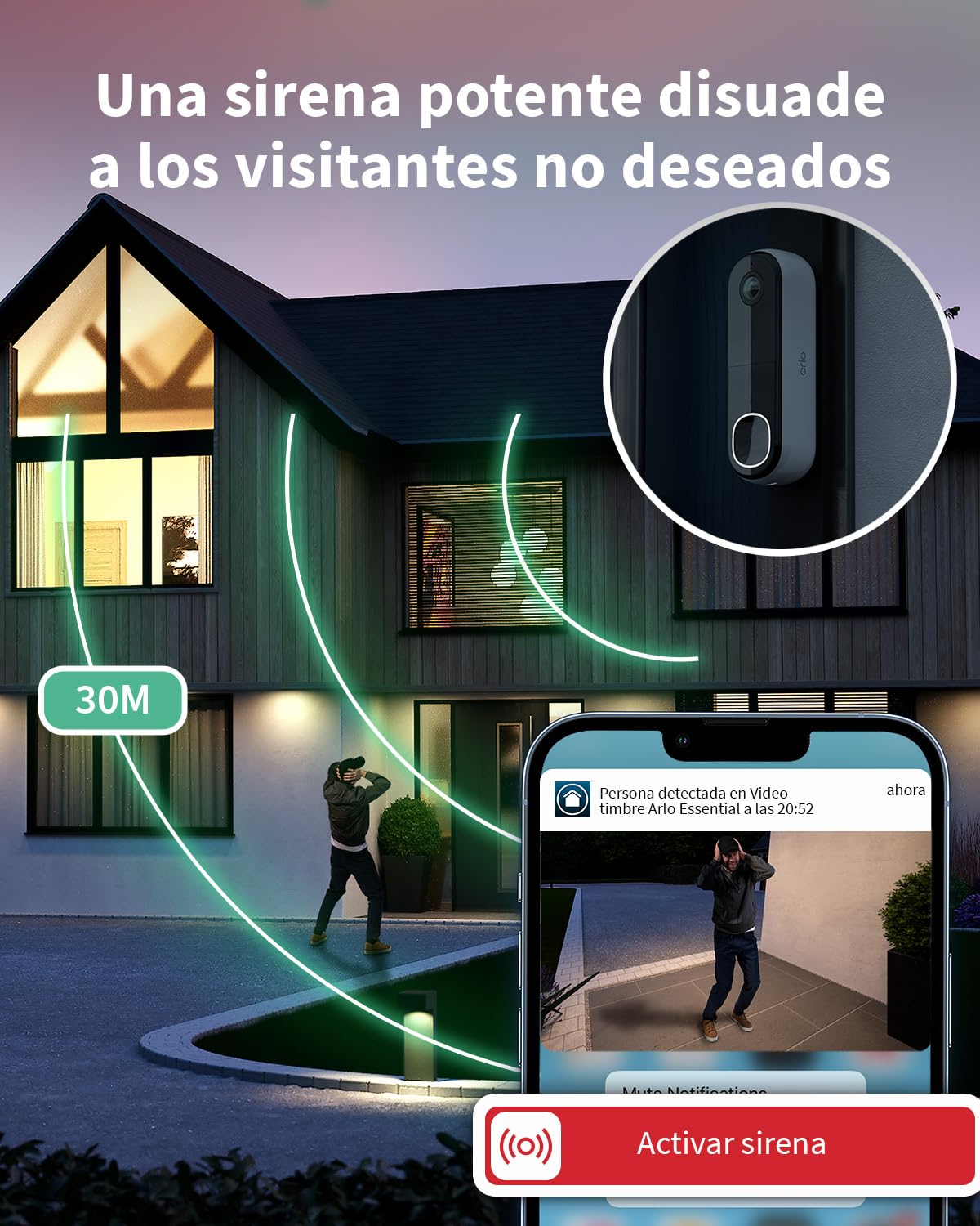 Arlo Essential 2K Videoportero WiFi + Timbre Inalámbrico Exterior Impermeable, Timbre Casa, Detector De Movimiento, Visión Nocturna, Audio Bidireccional, Prueba Arlo Secure Incluida, 1 Cámara, Blanca