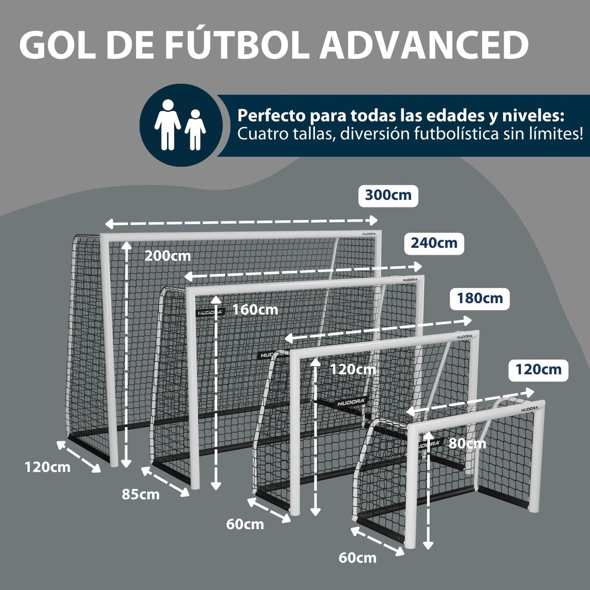Hudora Portería de Fútbol Avanzada 120/180/240/300 I para Niños/Jóvenes & Adultos I Ideal para Jardín I Impermeable & Estable para Entrenamiento de Fútbol con Red de Malla Fina