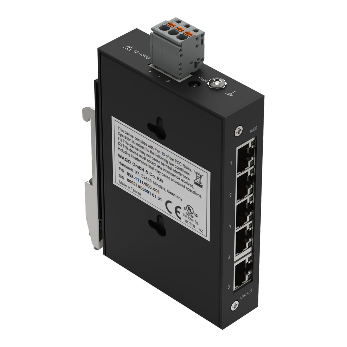 WAGO Interruptor ecológico Industrial 852-1111, con 5 Puertos ETHERNET de 10/100/1000 Mbit/s y LED de diagnóstico de Panel Frontal, soporta hasta 8000 direcciones Mac absolutas