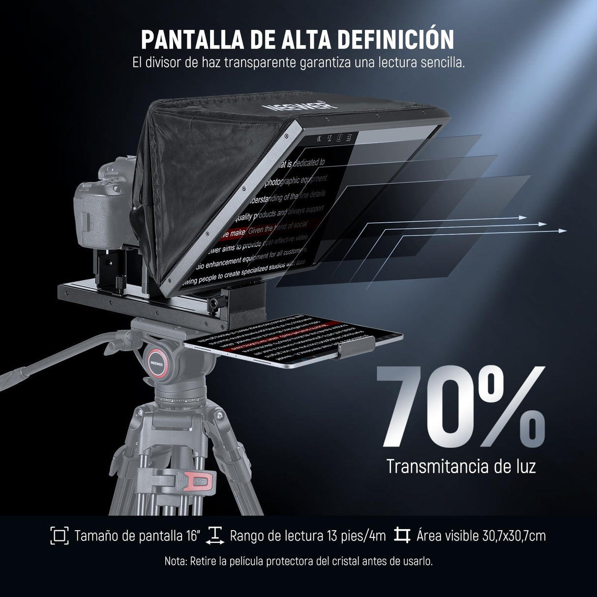 NEEWER Basic X16B Teleprompter Elevable Aleación Aluminio 16"" para iPad, Tableta Celular Cámara DSLR sin Ensamblaje, Remoto y APP Control, Compatible con iOS y Android, para Enseñar y Live Streaming