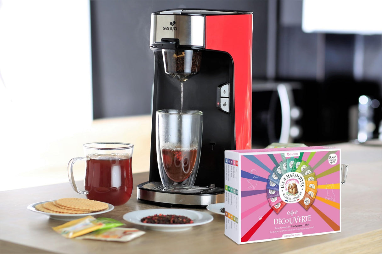 Senya Set Máquina de té, tetera eléctrica roja Tea Time & el Cofre Degustación que comprende 72 bolsitas-Les 2 Marmottes