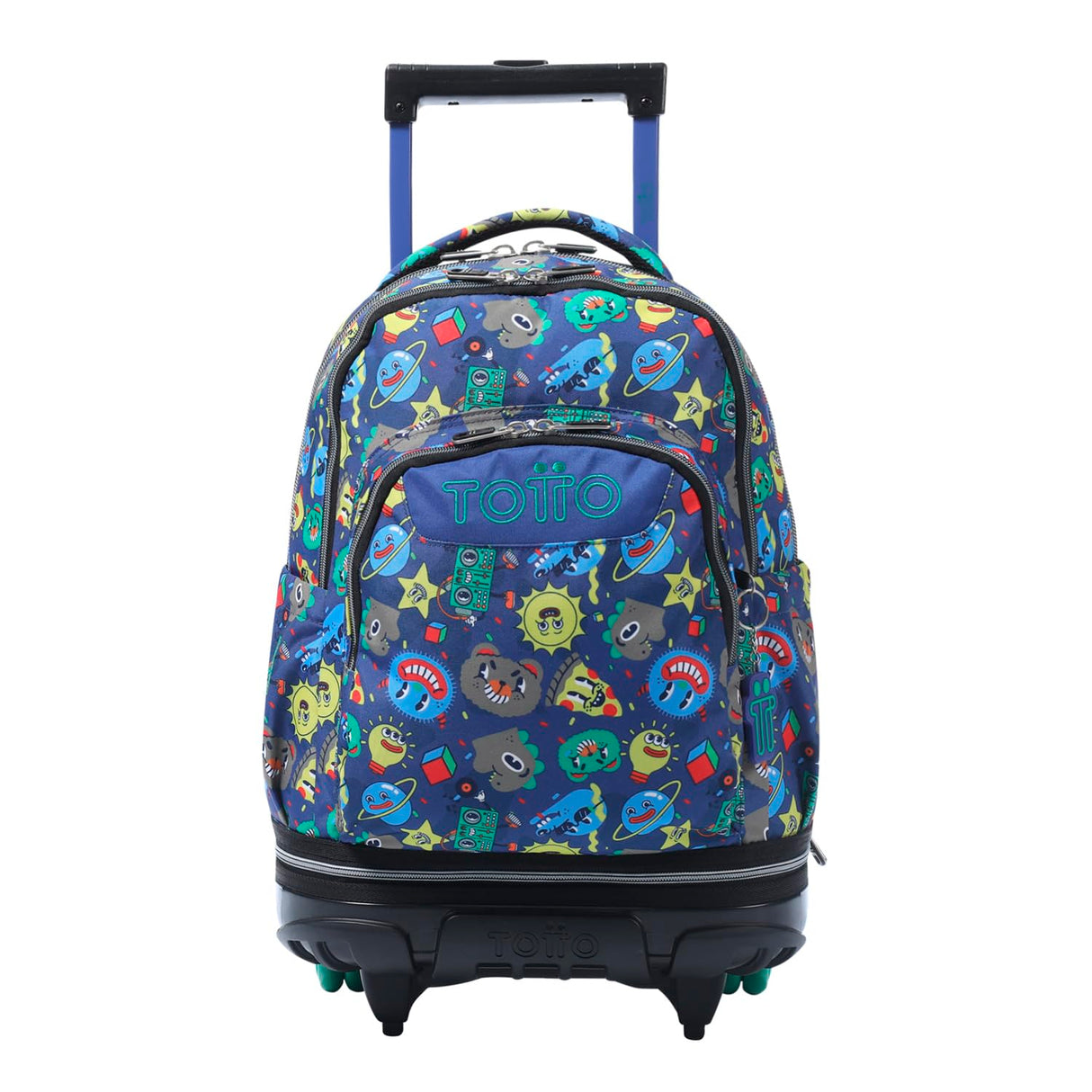 TOTTO - Mochila Escolar con Ruedas Desmontables, Modelo Tiza, Capacidad 26 L, Mochila PC 15.4", Bolsillo Botella, Manija Telescópica, Espaldar Ergonómico y Correas en S, Estampado Tello Azul