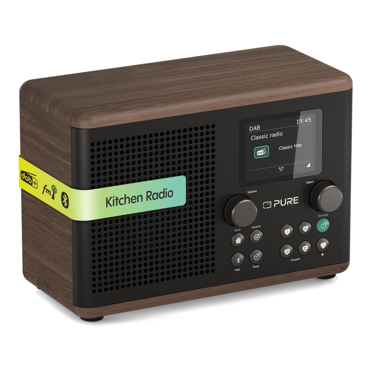 Pure Classic H4 Radio Digital de Cocina (Dab+/FM, Bluetooth, USB, AUX, Temporizador de Cocina, Alarma), Café Negro/Nogal