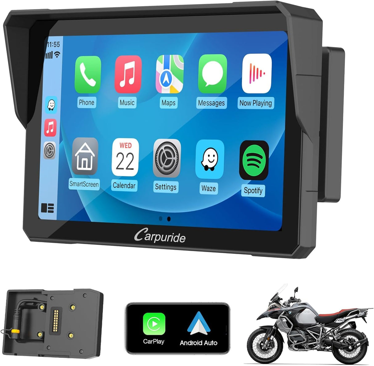 Carpuride W702B - Pantalla GPS Carplay para Motocicleta con Soporte Personalizado para BMW Motorbike, Inalámbrico CarPlay y Android Auto, Portátil 7 Pulgadas Impermeable Táctil Pantalla, Bluetooth