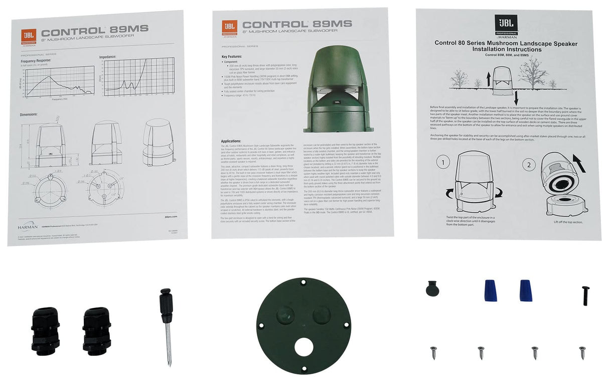 JBL Subwoofer Profesional JBL-Control 89MS de 8 Pulgadas para Exteriores sobre el Suelo. Funcionamiento de 8 ohmios o 70 V. Verde