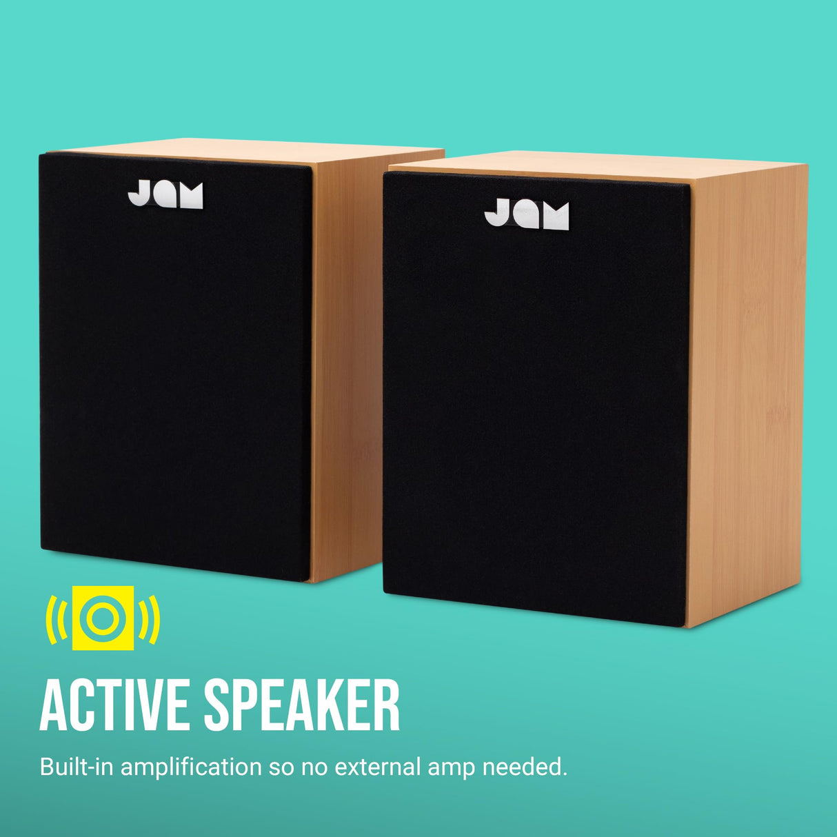 JAM Altavoces de Estantería - Altavoces Cableados con Entradas AUX y RCA, Compatibles con Tocadiscos y Reproductores de Vinilos, Altavoces Activos, Amplificación Integrada, Madera