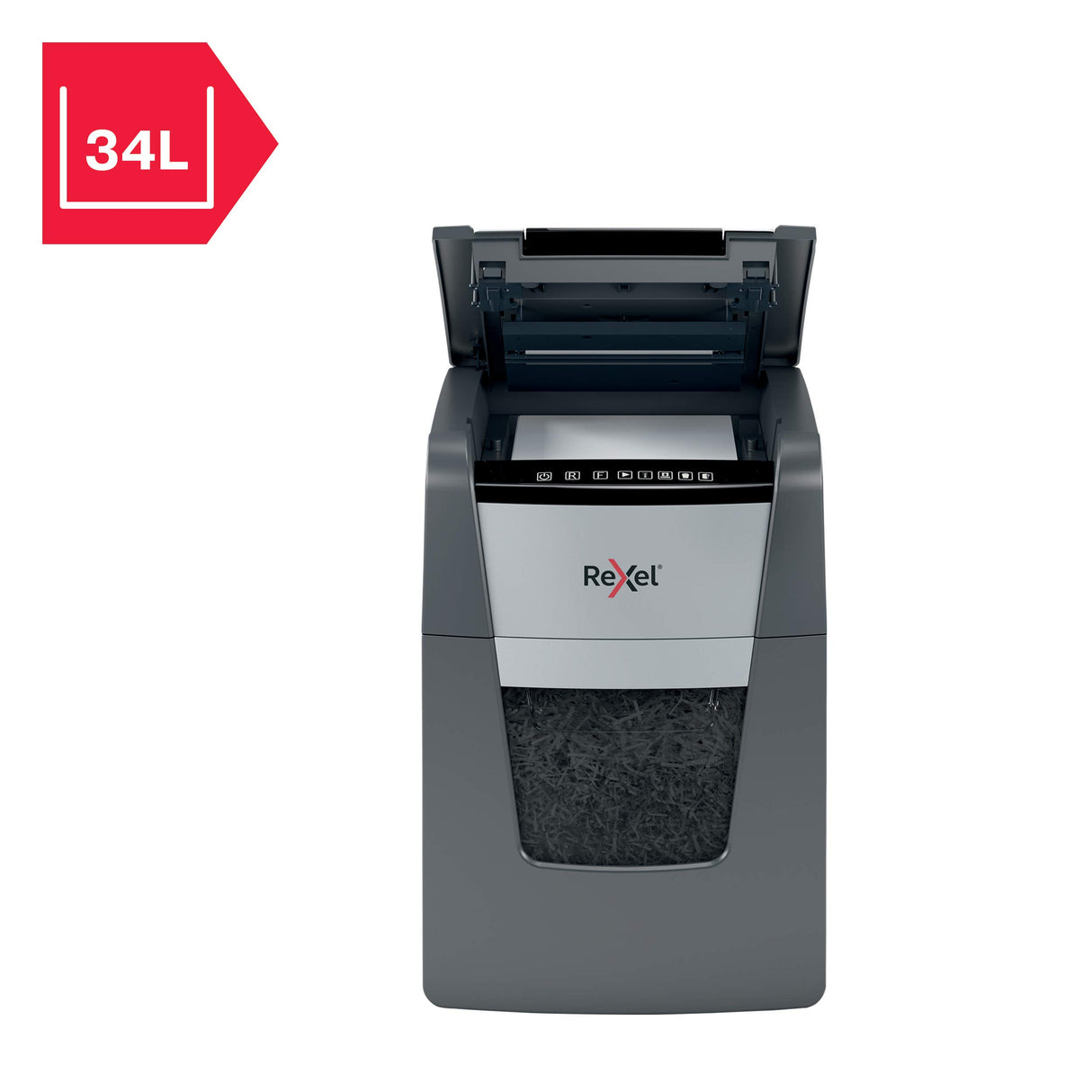 Rexel 2020090XEU - Destructora de Papel Automática Optimum AutoFeed 90X, Corte en Partículas P-4 (4x28 mm), 90 Hojas A4, Papelera Extraíble 34L, Destruye Grapas y Clips, Uso en Oficina