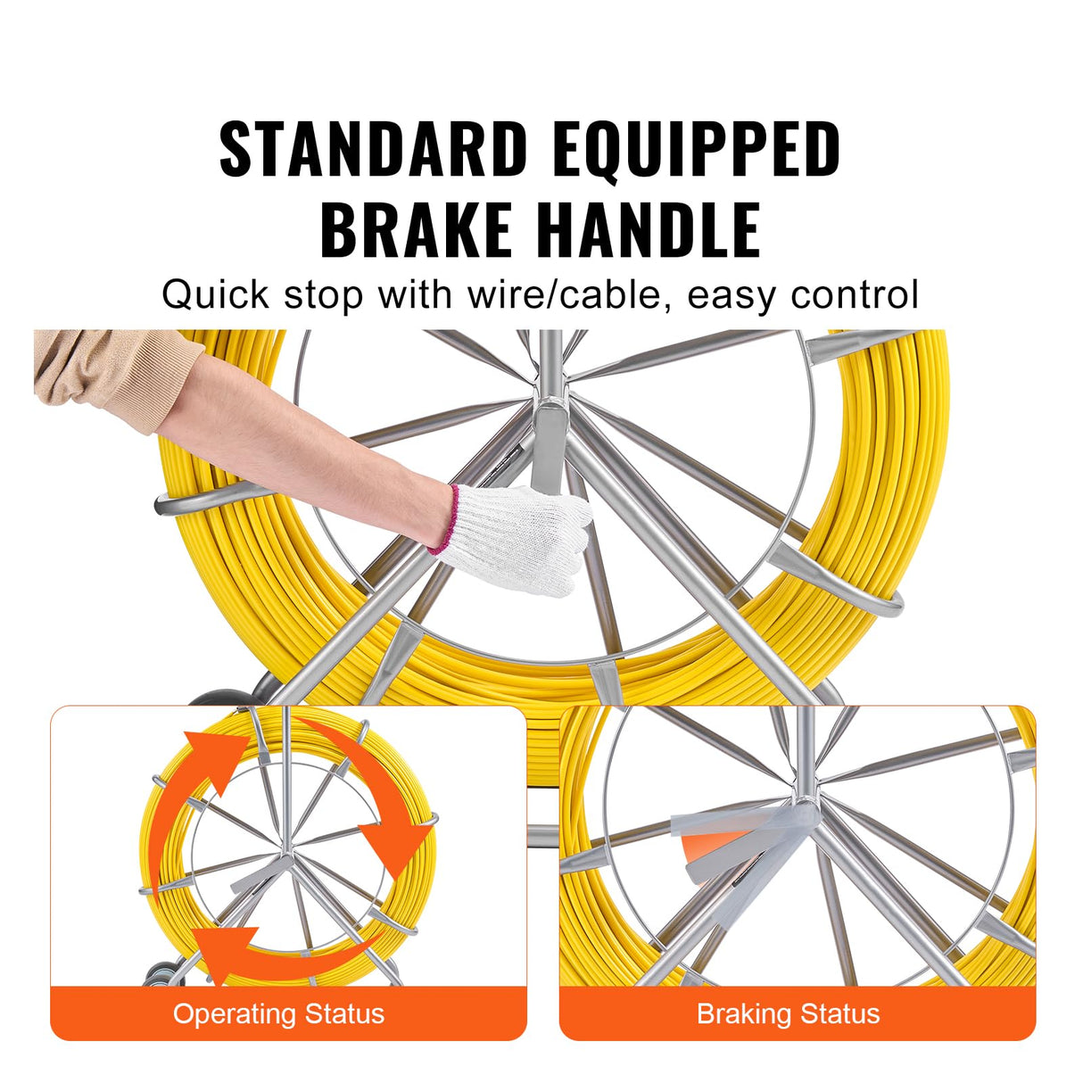 VEVOR Cinta de Pescado de Fibra de Vidrio de 200,09m Diámetro de 7,94mm Extractor de Cables con Varilla para Pasar Cables, Soporte de Carrete de Acero, 3 Cabezales de Extracción, Herramientas de Pesca