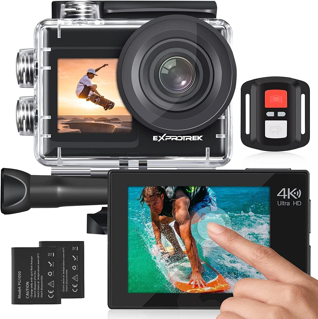 Exprotrek Cámara de acción 4K con Pantalla táctil, EIS Gran Angular de 170°, cámara subacuática Impermeable de 40 m, cámara Deportiva de Control Remoto con Kit de Accesorios para Casco