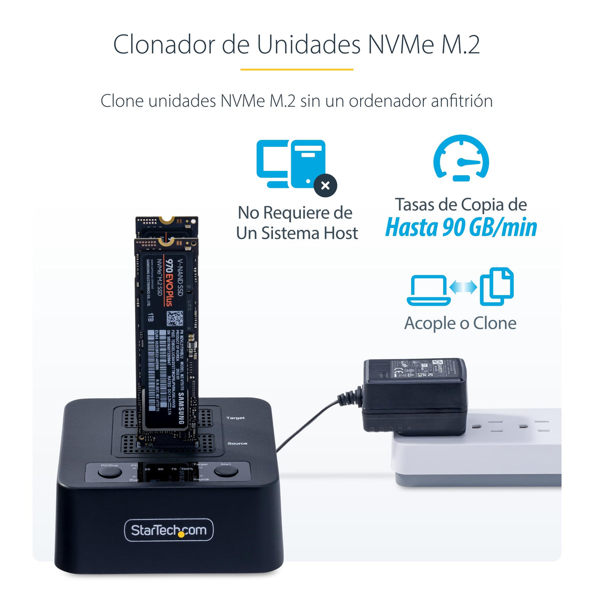 StarTech.com Dock Clonador Autónomo 1:1 de NVMe M.2-90GBpm - USB-C 3.2 de 20Gbps - Docking Station USB Tipo C de 2 Bahías