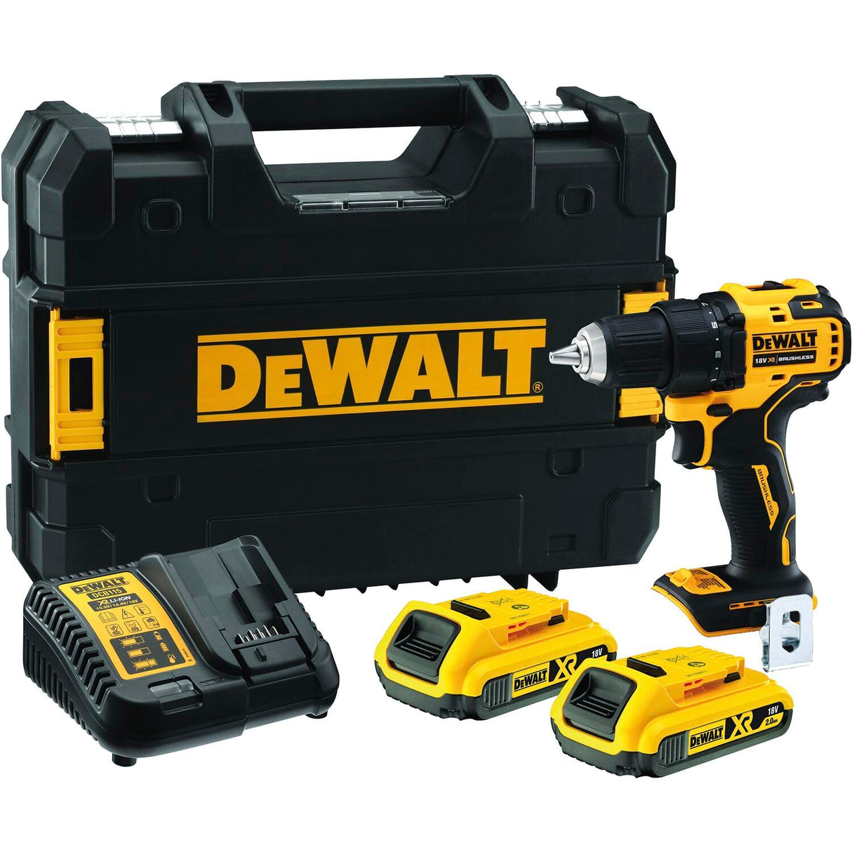 DEWALT Taladro atornillador compacto sin escobillas XR 18V Li-Ion 2 Ah, Sin cable, con maletín TSTAK, luz LED, 2 baterías, Cargador, 2 velocidades (0-450/1650 rpm), DCD708D2T-QW