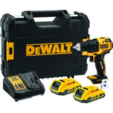 DEWALT Taladro atornillador compacto sin escobillas XR 18V Li-Ion 2 Ah, Sin cable, con maletín TSTAK, luz LED, 2 baterías, Cargador, 2 velocidades (0-450/1650 rpm), DCD708D2T-QW