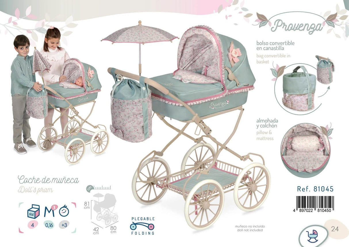 Coche Muñeca Plegable Con Sombrilla Provenza 46X68X81Cm. Bolso Convertible En Canastilla.