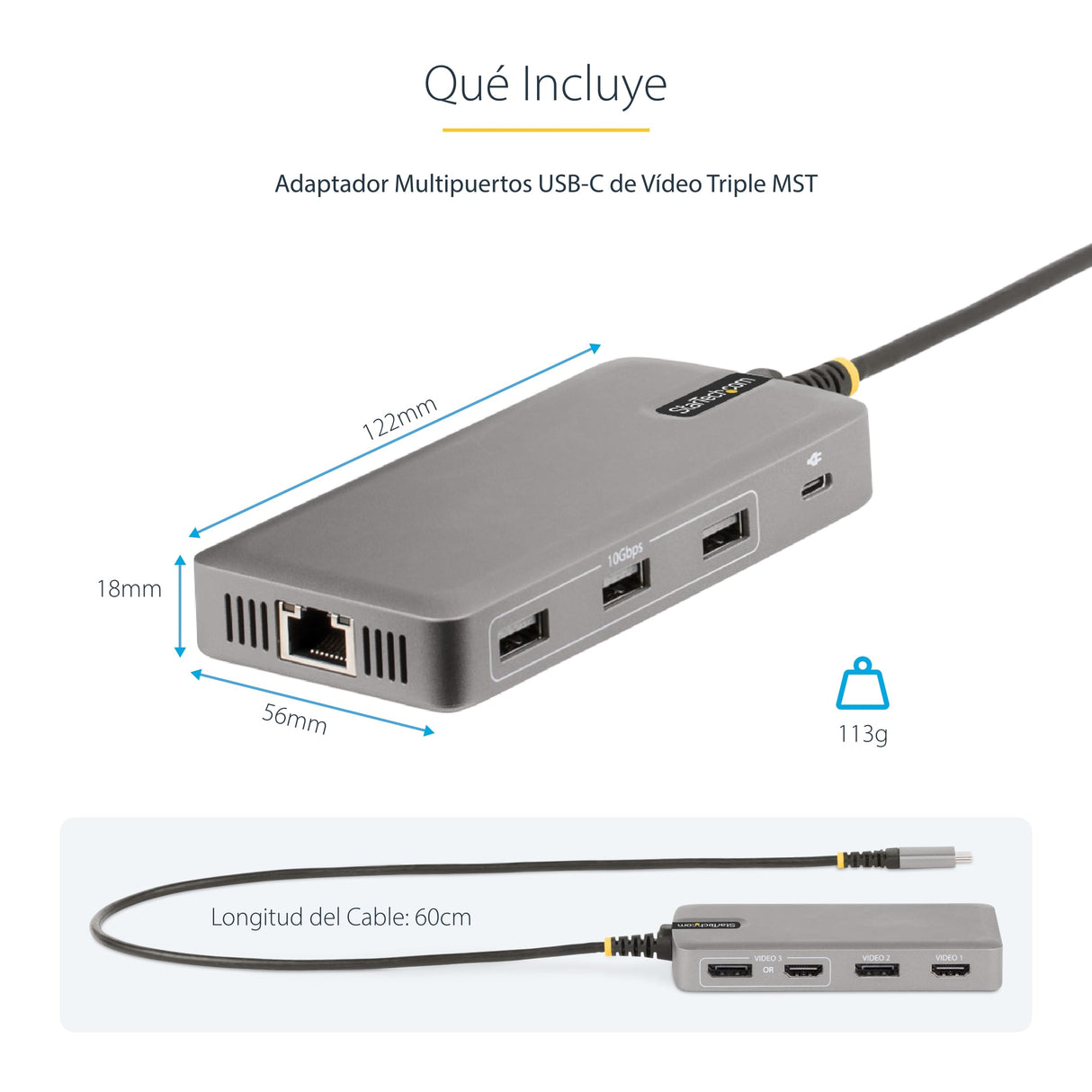 StarTech.com Adaptador Multipuertos USB-C para 3 Monitores - 4K 60Hz Doble + HDMI y DisplayPort 4K 30Hz - Hub USB de 3 Puertos - PD 100W - Docking Station de Viajes - Win/Chrome (117B-USBC-MULTIPORT)