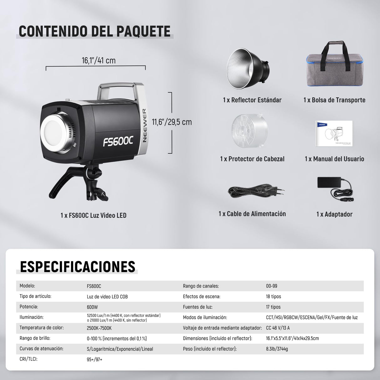 NEEWER Pro 600W RGB LED Video Luz App/2,4G/DMX Control, 2500-7500K 52500lx/m COB Luz Continua Iluminación Foco, CRI95+/TLCI97+ Foco Luz con Bolsa para Fotografía Estudio Grabación Streaming, FS600C