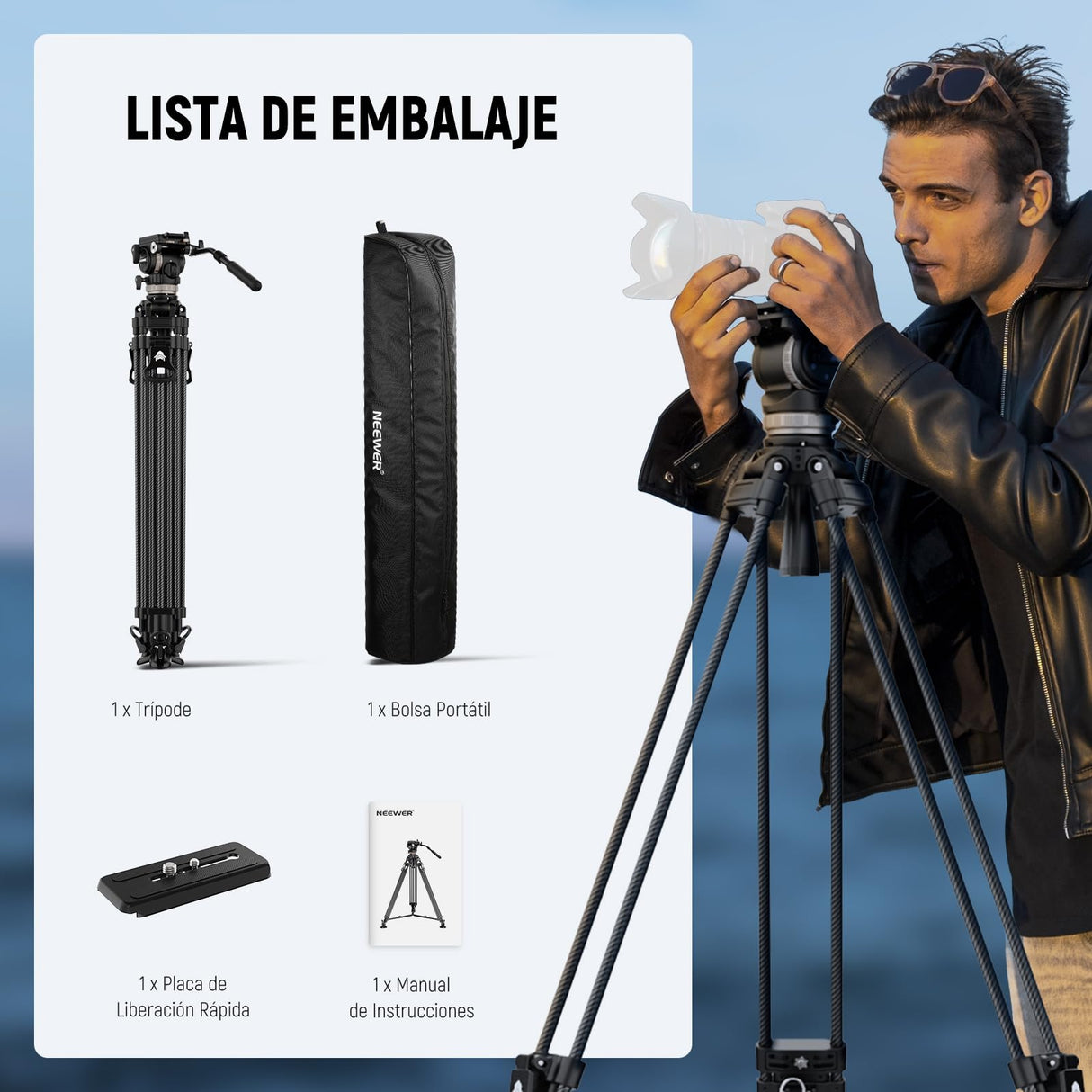 NEEWER 78" Trípode Vídeo de Fibra Carbono con Cabezal Fluido, Trípode de Bloqueo Liberación con 6 Nivel Contrapeso, 4 Nivel Amortiguación de Giro/Inclinación, Placa QR Modo Dual, Máx Carga 18lb, LL55