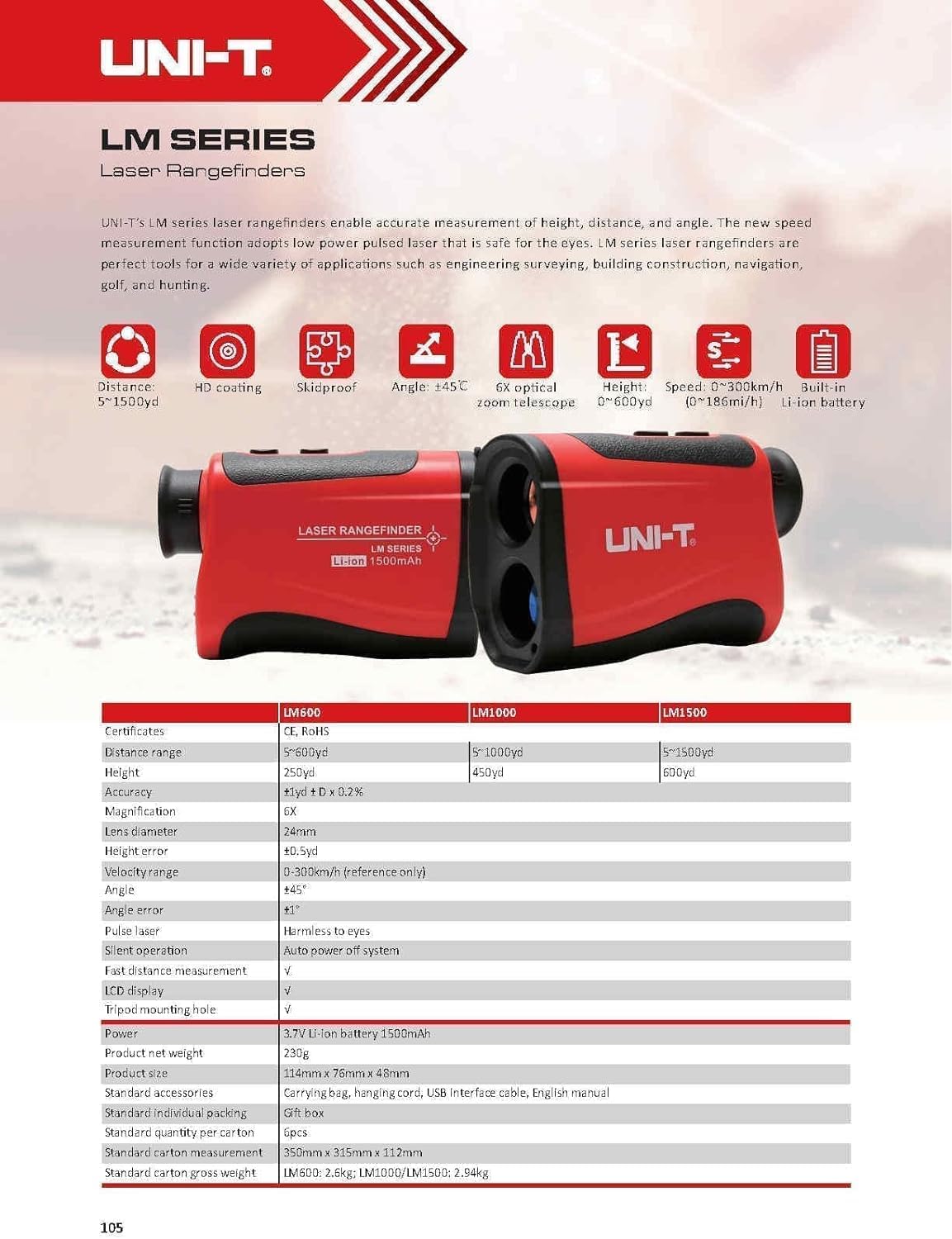 UNI-T LM1000 Serie LM Localizador Laser, 7X Aumento, 5 Yard -1000 Yard Distancia, 0-300km/h