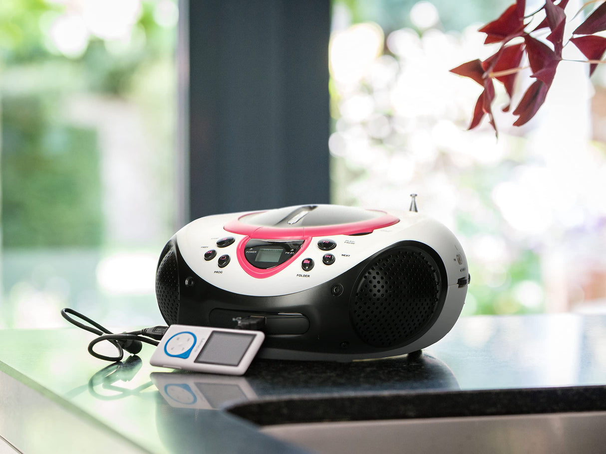 Lenco SCD-38 USB Rosa - Radio FM portátil con Reproductor de CD/MP3 - Entrada USB - Entrada AUX - Rosa