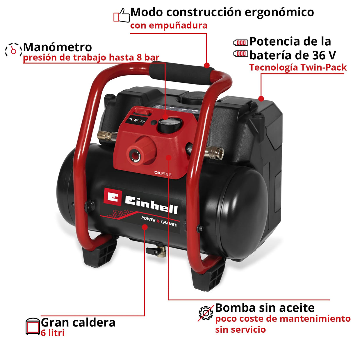 Einhell Compresor con batería TE-AC 36/150 Li OF-Solo Power X-Change (36 V, máx. 8 bar, depósito de 6 l, potencia de aspiración 150 l/min, manómetro, sin aceite, sin batería)