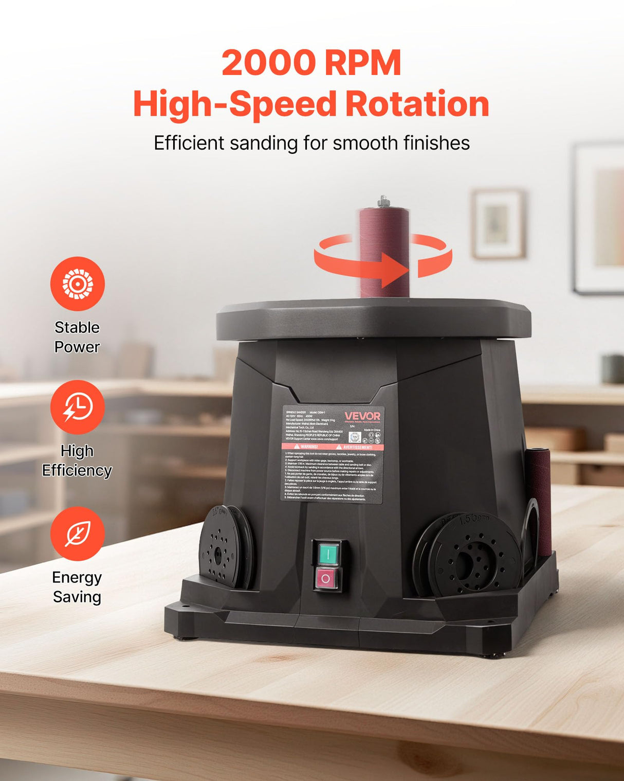 VEVOR Lijadora de Husillo Oscilante 2000 RPM, con 6 Manguitos 12,7–76,2 mm, Carrera de 15 mm y Puerto para Polvo para Acabado de Muebles, Lijado de Manualidades y Carpintería de Bricolaje, Negro
