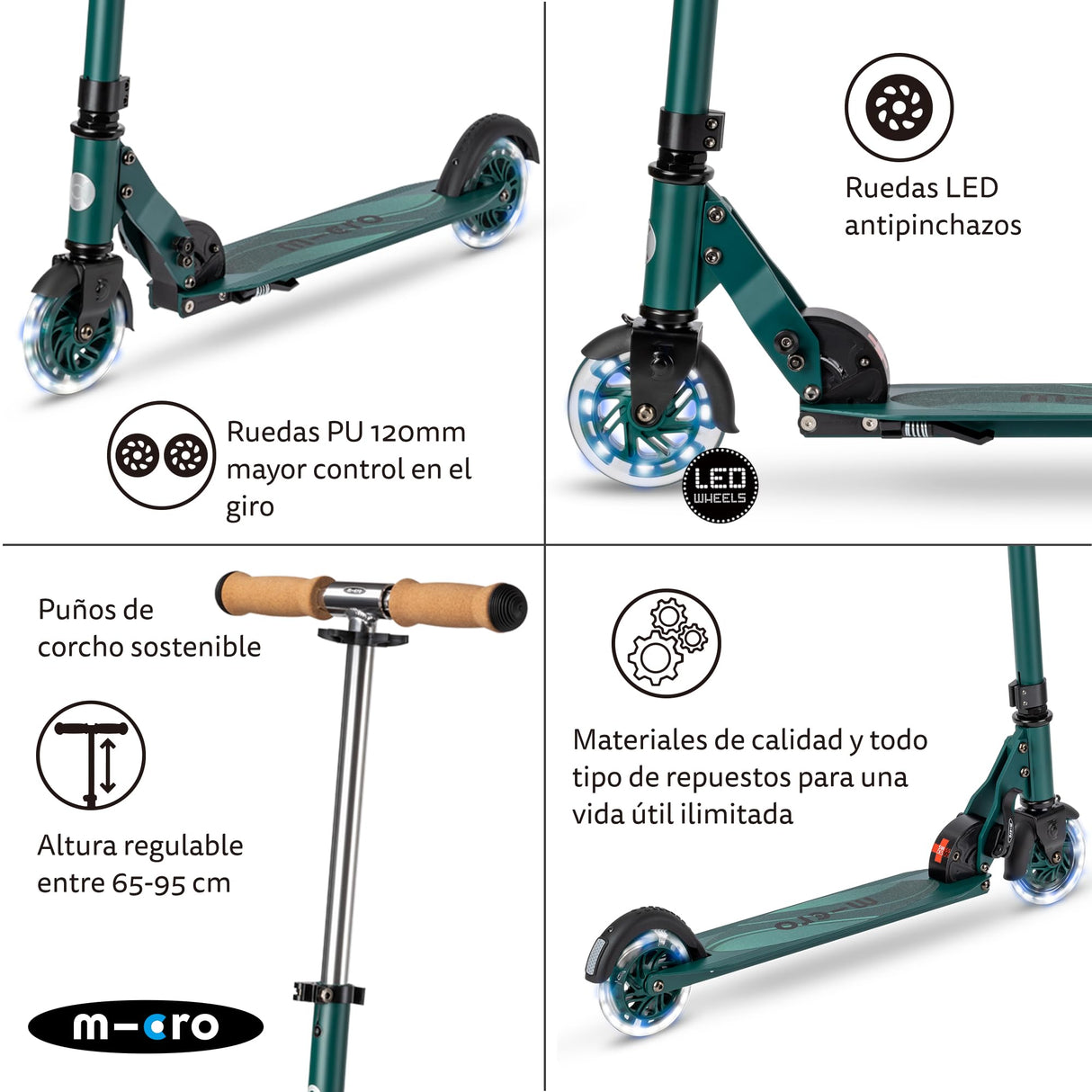 Micro® | Micro Sprite LED Scooter 2 Ruedas Niños | Patinete y Puños Plegables | Ruedas con iluminación LED | Ligero y Regulable en Altura | +5 Años | Niños y Niñas