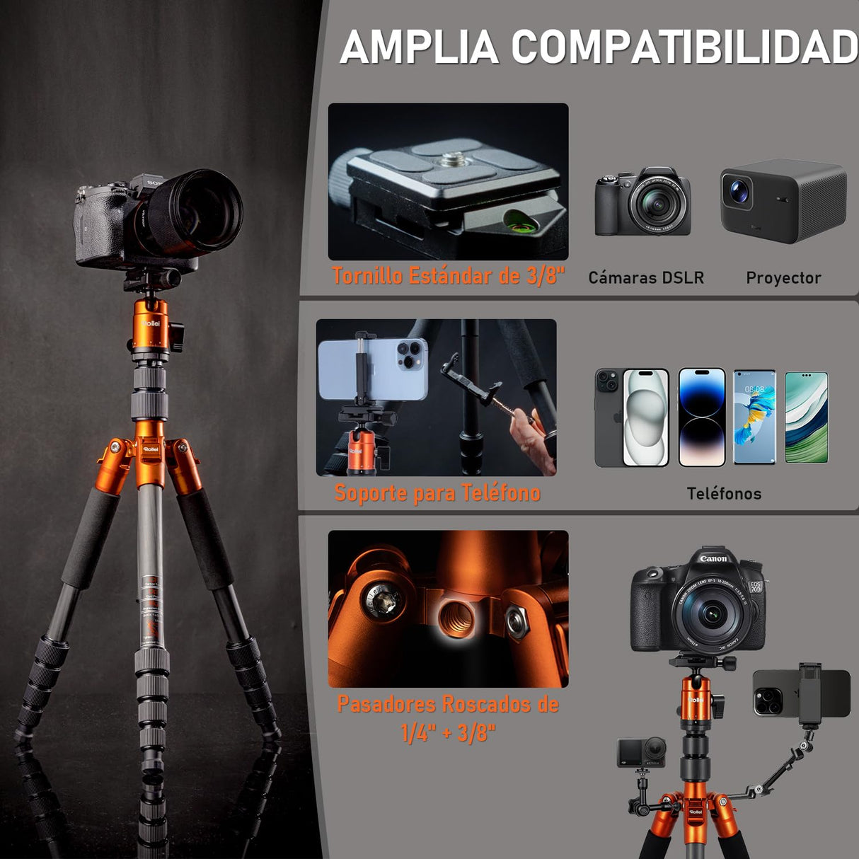 Rollei Tripode Camara Naranja, 145cm Compact Traveler No.1 Carbon Trípode de Viaje Ligero y Portátil con Soporte para Teléfono y Rótula de Bola para Nikon Sony Canon, Trípode-Cámara-Viaje-Tripod