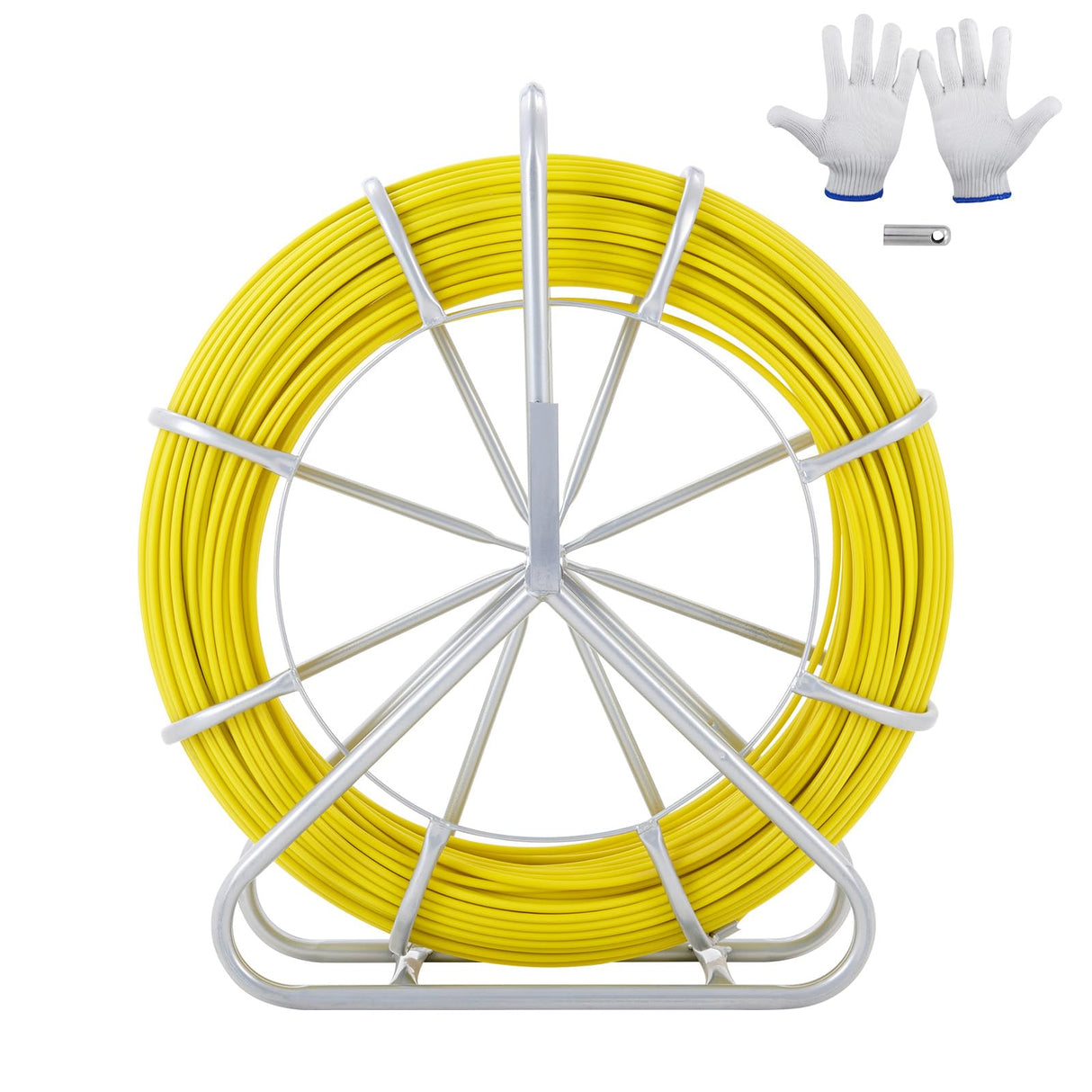 VEVOR Cinta para pescar de fibra de vidrio, 182,9 m, 8 mm, extractor de alambre para cinta de pescar, varilla para correr cables con soporte de carrete de acero, 3 cabezales de tracción