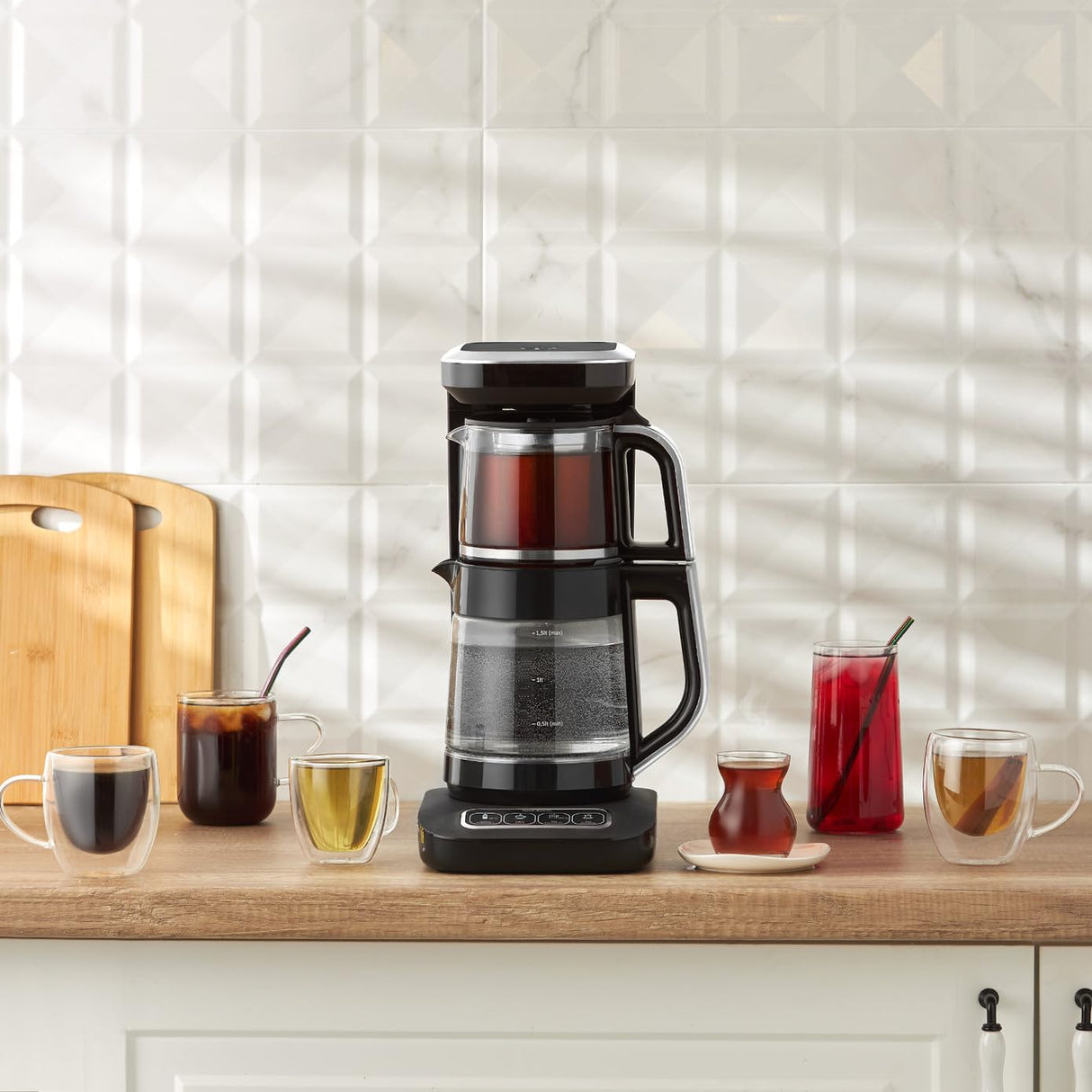 Karaca Caysever Robotea Pro - Cafetera y té automática, 4 en 1, de vidrio hablando