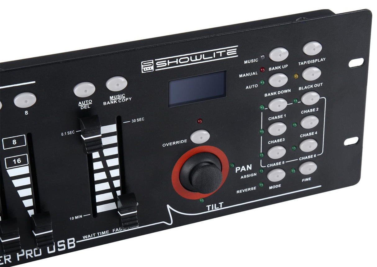 Controlador DMX Showlite Master Pro 192 canales, control profesional de iluminación, conexión USB para datos, hasta 240 memorias de escenas, entrada MIDI estándar de 5 pines.