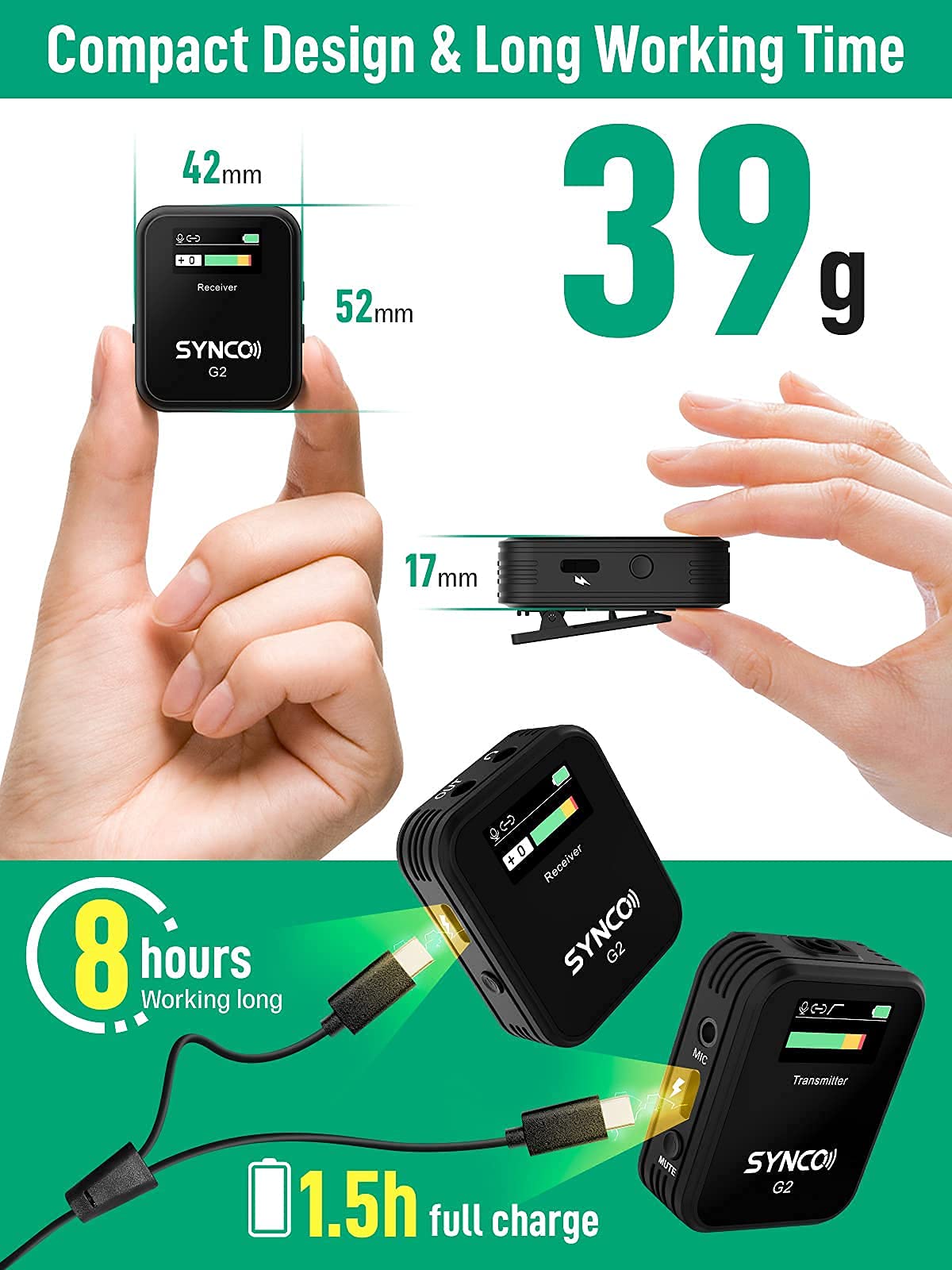 SYNCO Micrófono Solapa Inálambrico, G2 A1 Micro Corbata Profesional 2.4GHz Transmisión 70m para DSLR Cámara Móvil Videocámara Laptop y Tablet, Microfono-Lavalier-Solapa-Inálambrico-Corbata