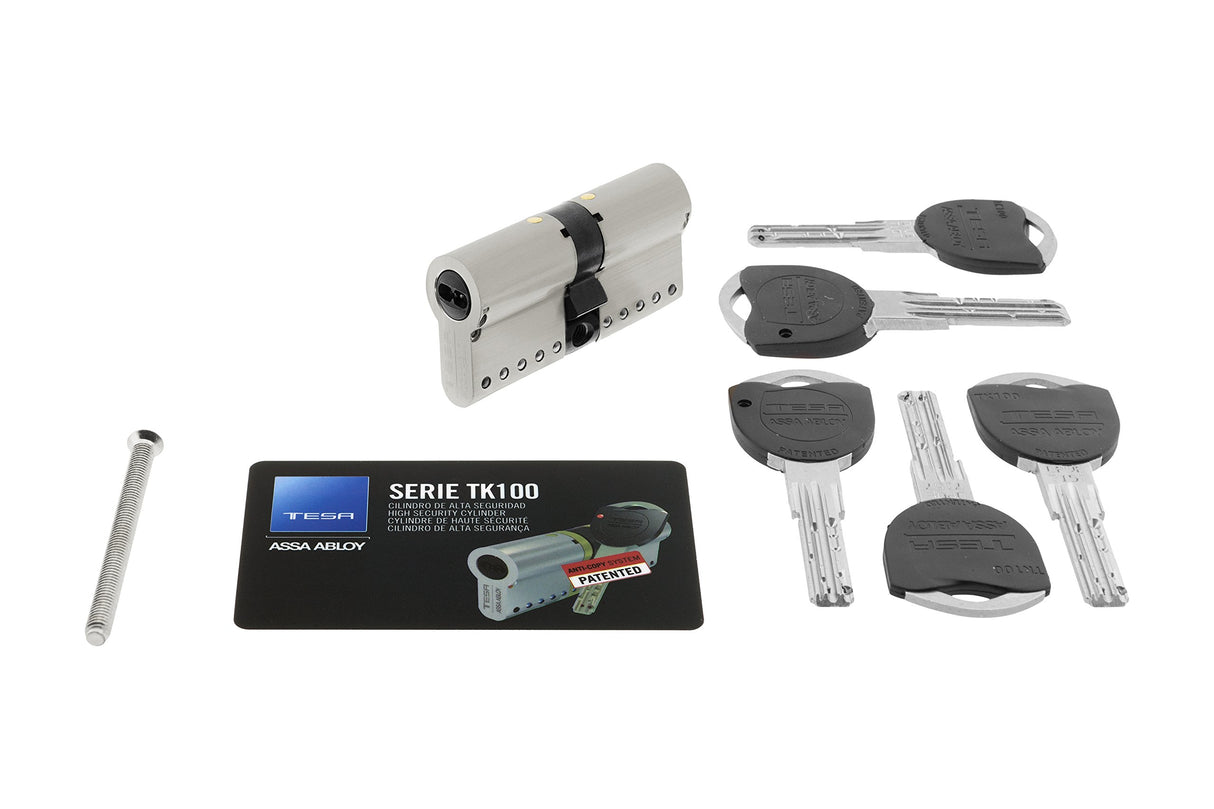 Tesa Assa Abloy, MK153035N, Cilindro de Alta Seguridad, TK100, Doble Embrague, Leva Corta, Llave - Llave, Niquelado, 30 x 35 mm