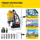 RICHRICH Taladro magnético 1100 W, diámetro de aleta de 1-1/2 pulgadas (40 mm), taladro de columna magnética MD40, 12000 N, 670 rpm, con 6 fresas anulares HSS, sistema de perforación, construcción