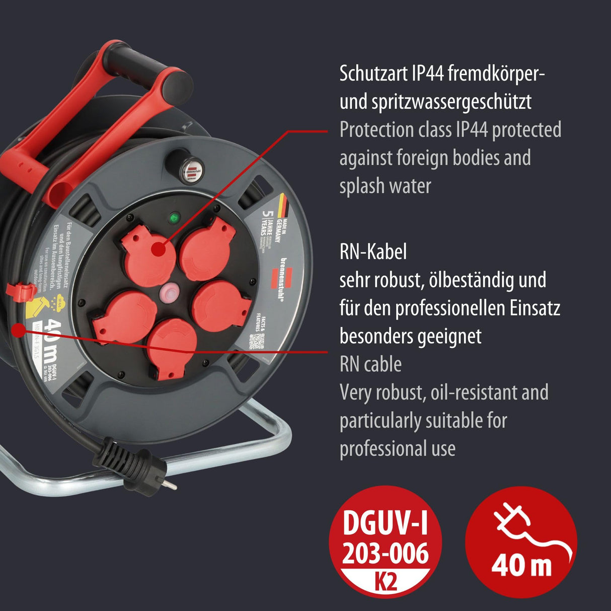 Brennenstuhl Carrete de cable profesional 320 KU 4200, cable de 40 m en negro, fabricado en plástico especial, para uso en obras de construcción y uso permanente en exteriores, fabricado en Alemania