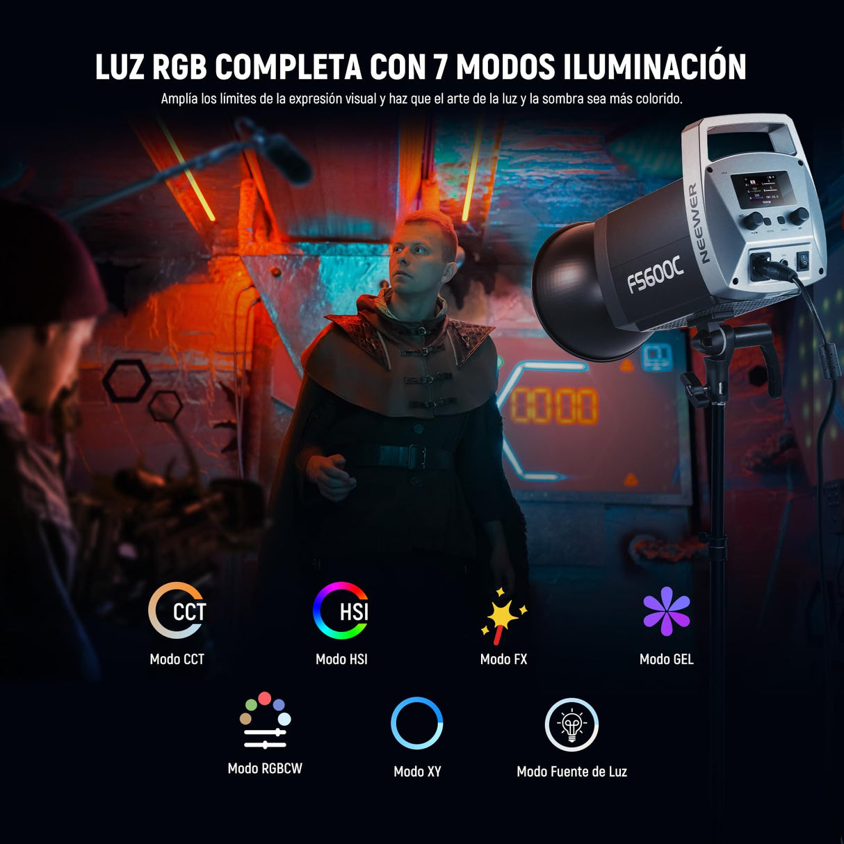 NEEWER Pro 600W RGB LED Video Luz App/2,4G/DMX Control, 2500-7500K 52500lx/m COB Luz Continua Iluminación Foco, CRI95+/TLCI97+ Foco Luz con Bolsa para Fotografía Estudio Grabación Streaming, FS600C