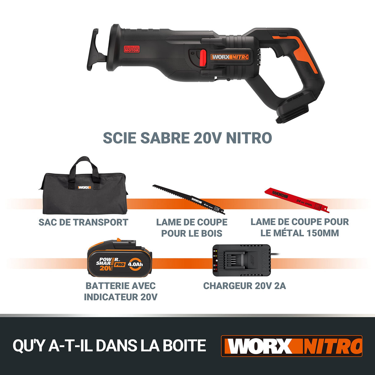 WORX Sierra sable Brushless 20V | PowerShare | WX516-1 batería 4Ah | Motor sin escobillas, patín pivotante ajustable, cambio de cuchilla sin herramientas