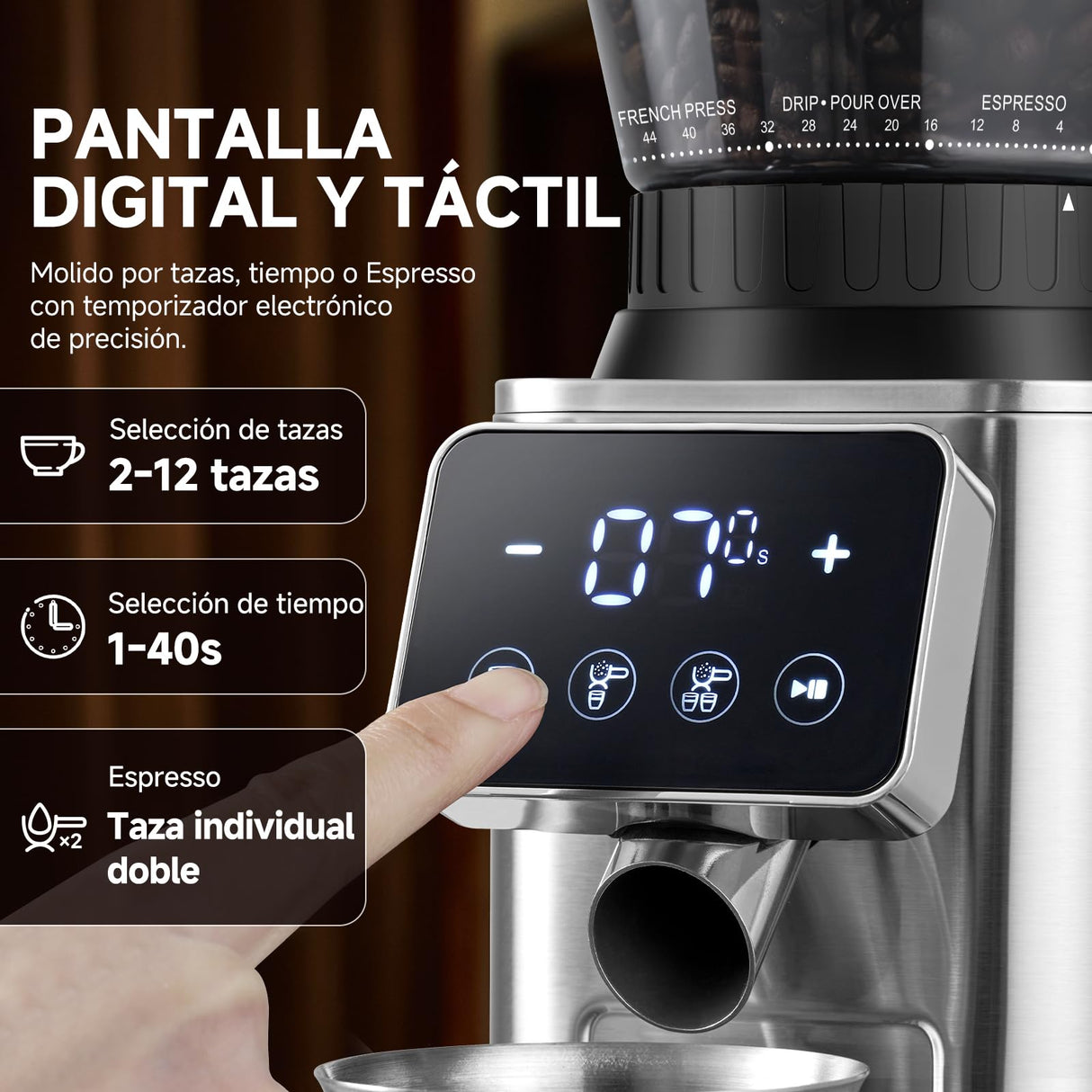AMZCHEF Molinillo de Café Eléctrico con Soporte Desmontable y Contenedor | Panel Táctil LCD | 24 Regulable de Molido Molinillo de Café con Muelas para Espresso/Drip/Pour Over/Cold Brew/French Press
