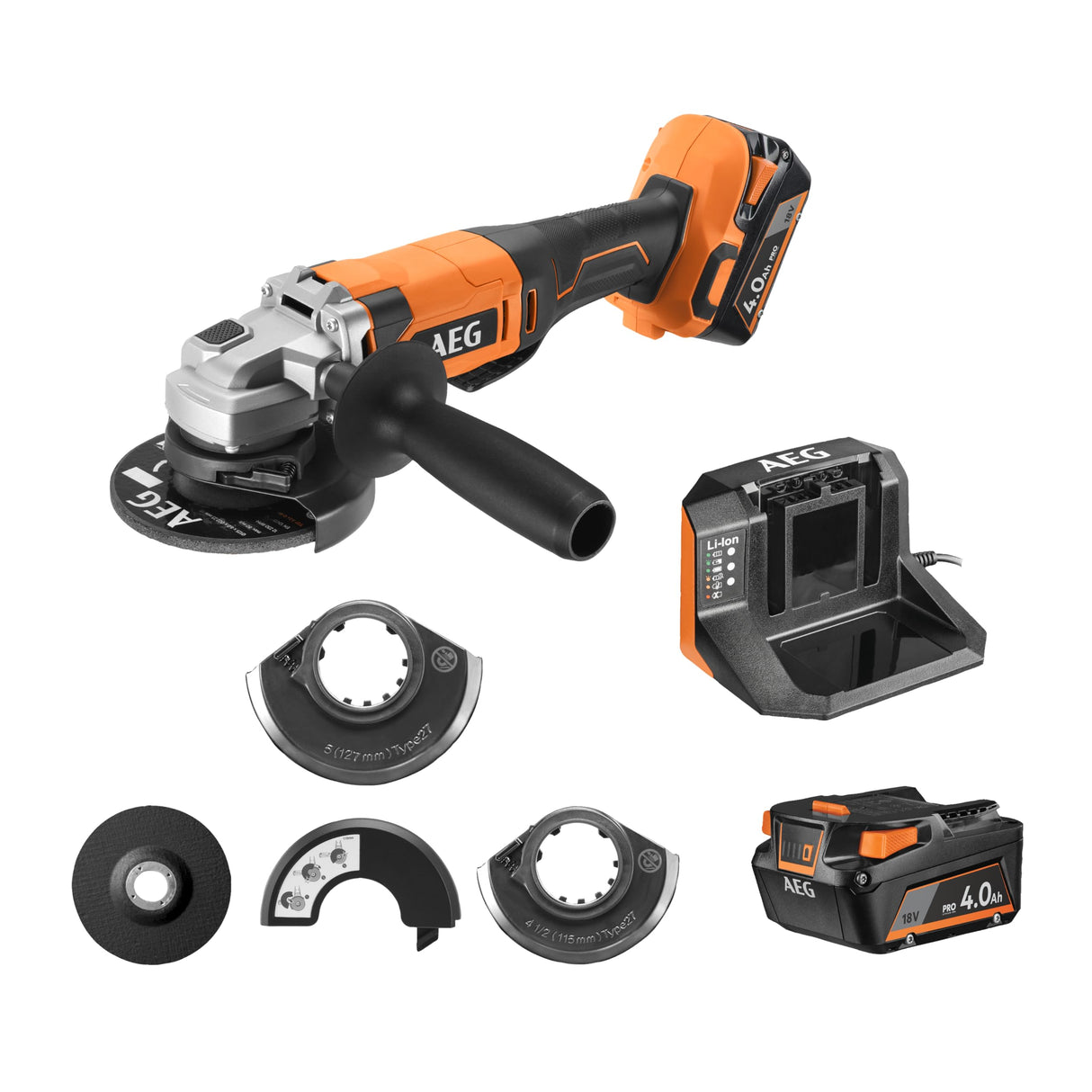 AEG BEWS18-125X2-402B - Amoladora inalámbrica de 18 voltios, 9200 rpm con 2 baterías Pro litio 4,0 Ah, cargador y una bolsa