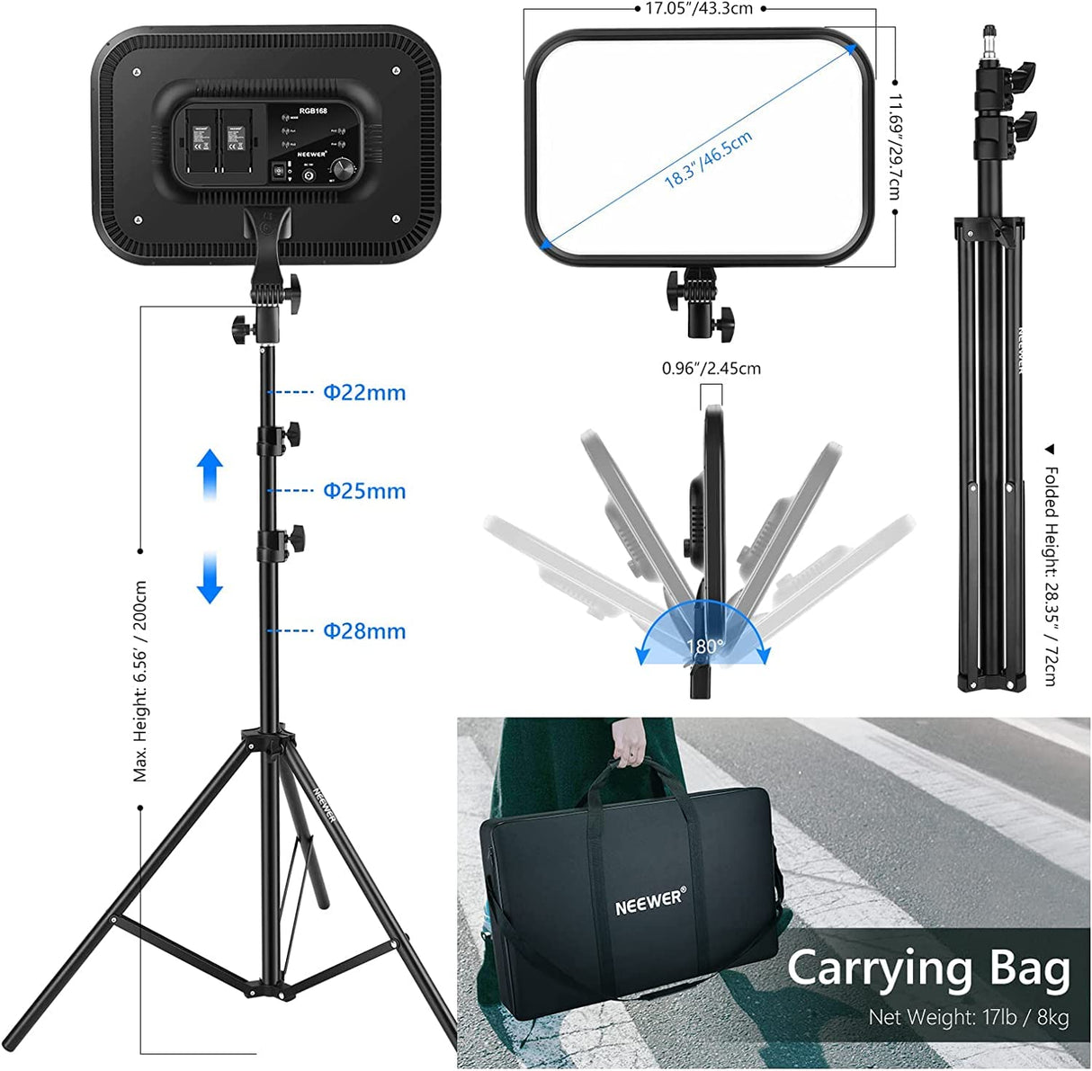 NEEWER RGB168 18,3" Luz de Video RGB con Soportes 2Pack, con Control de App 360° Todo Color 60W Regulable 2500K-8500K CRI97+ 17 Efectos Panel LED Iluminación para Estudio/Juegos/Youtube/Fotografía